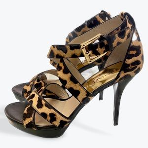 Michael Kors Evie Platform Heels Sandals Natural Leopard Size 6.5M